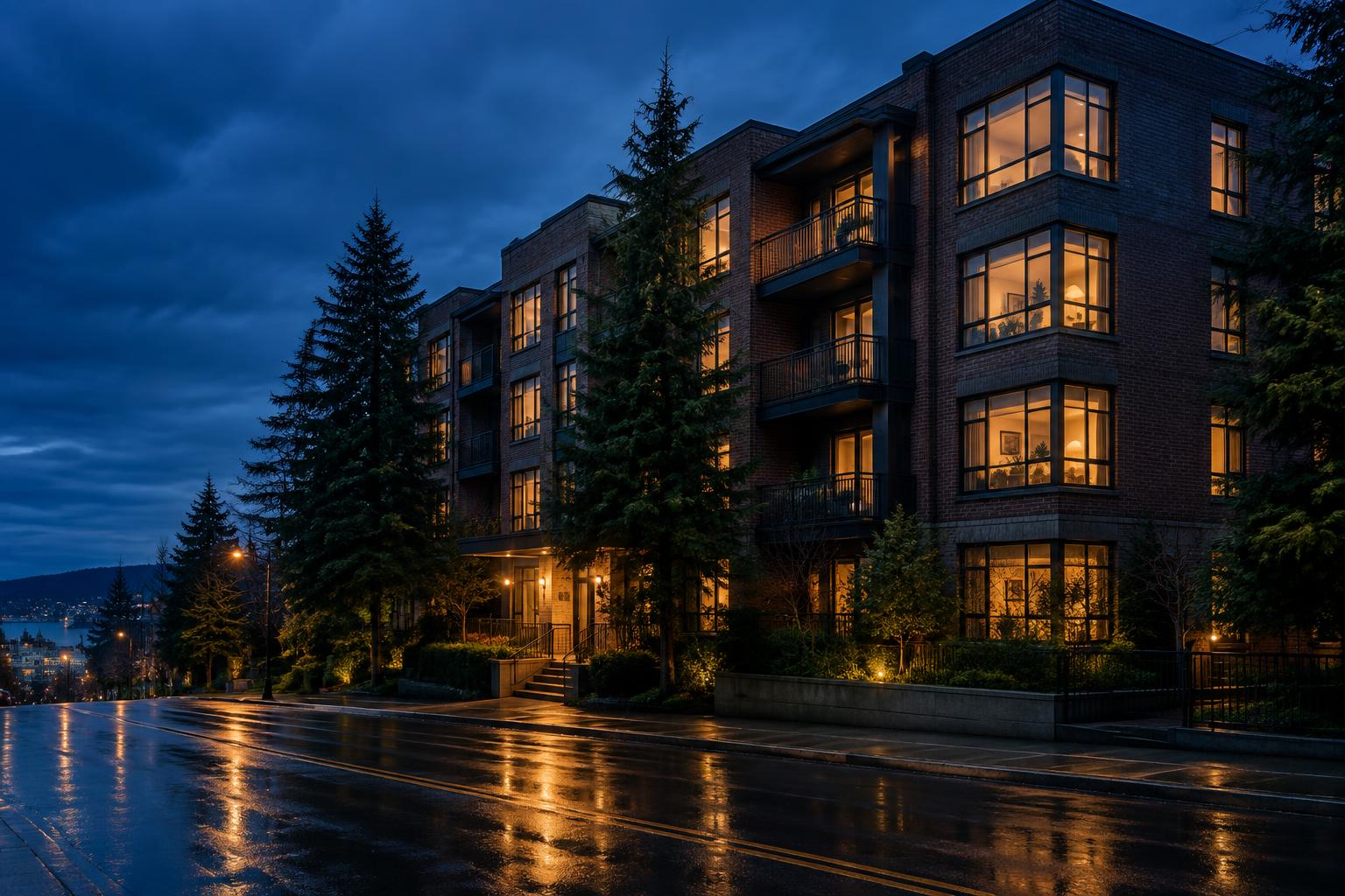 An apartment building at dusk with lit windows