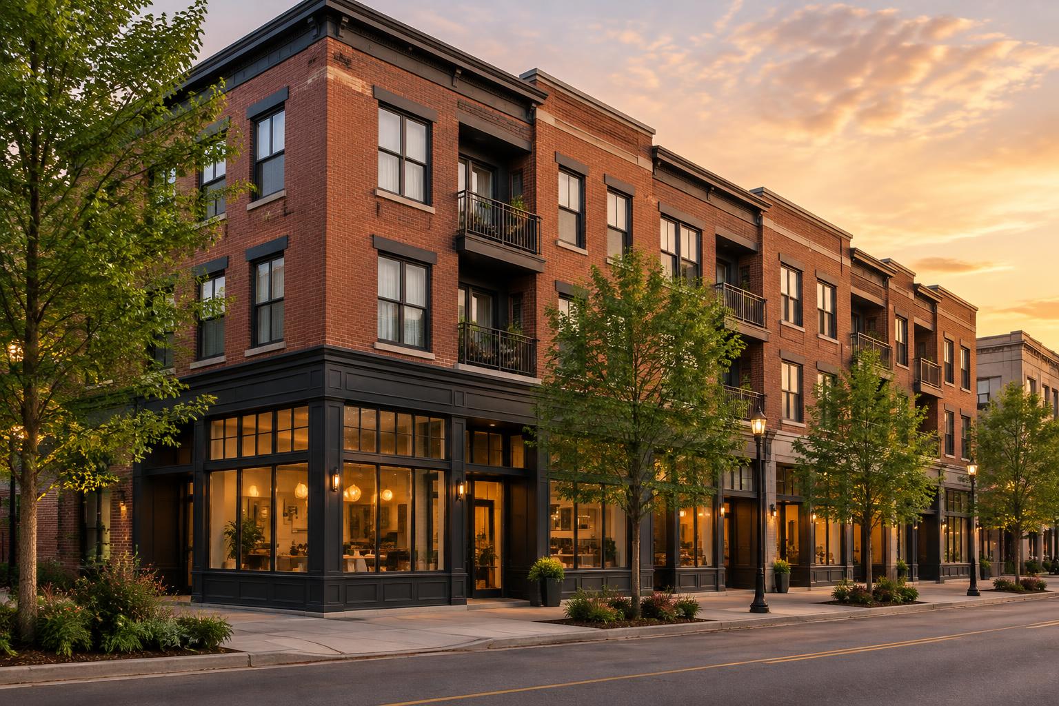 A mixed-use brick building with storefronts below apartments