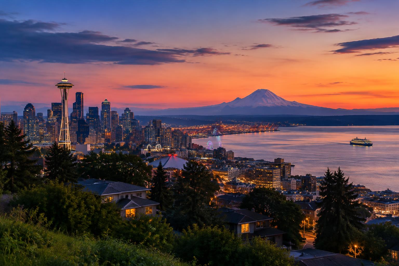 Puget Sound and the Seattle skyline at dusk